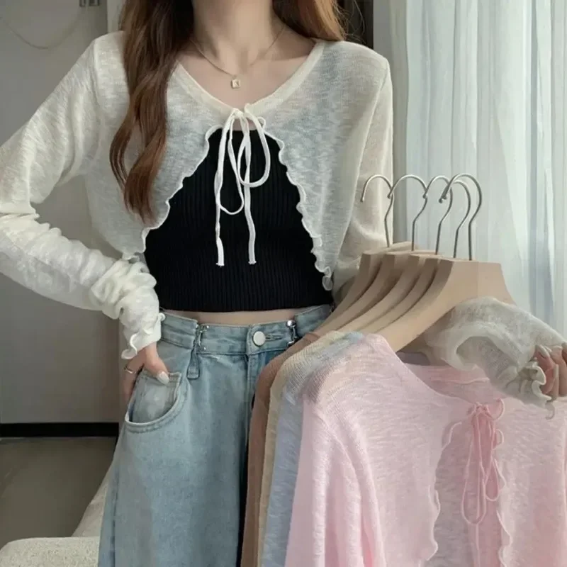 Female Summer Thin Sweater Shirts Lady Full Sleeve Laced Knitted Cardigan Outwear for Woman