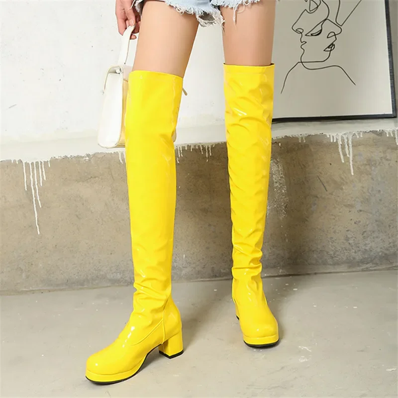 

Fashion Lady Patent Leather Round Toe Long Boots Women Black White Leather Knee High Mujer Winter Warm Party Boots Woman