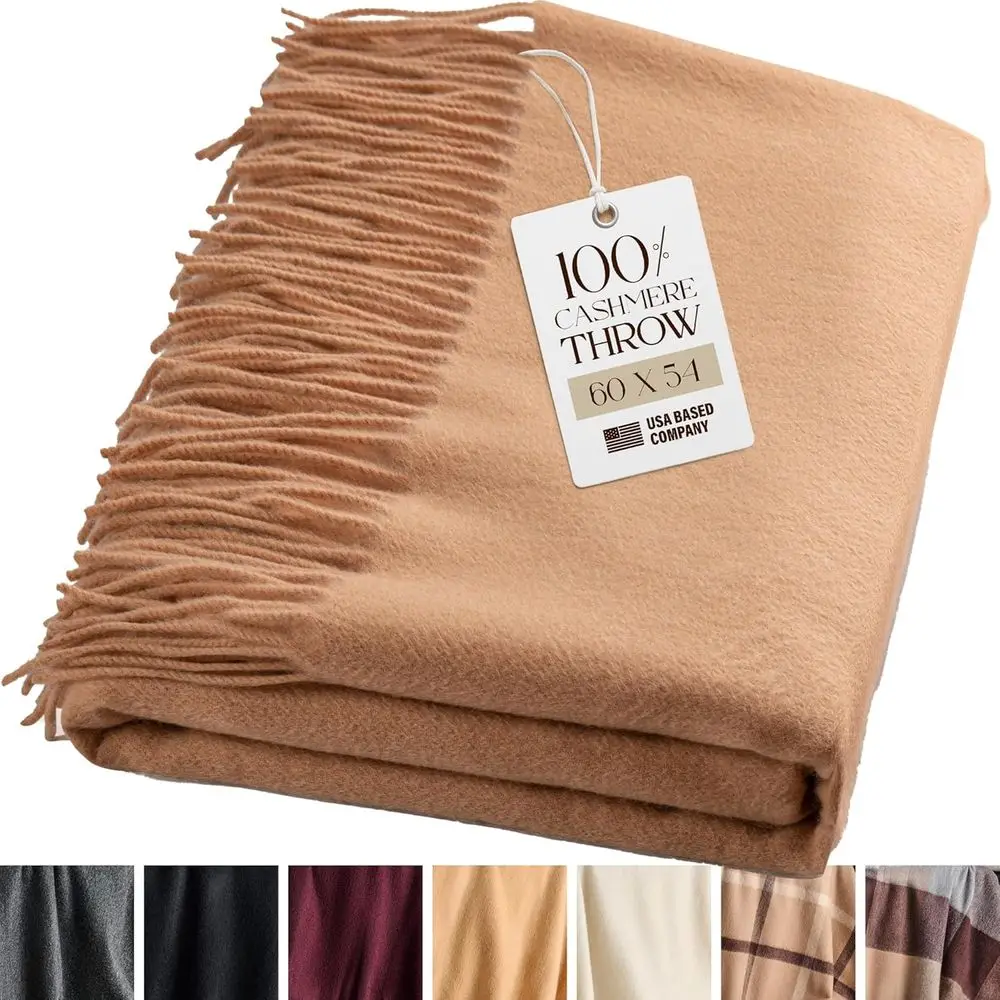 100% Cashmere Throw Blanket with Fringe 60 x 54 Inch Super Soft Warm for Home, Travel Sofa Bed (Camel)