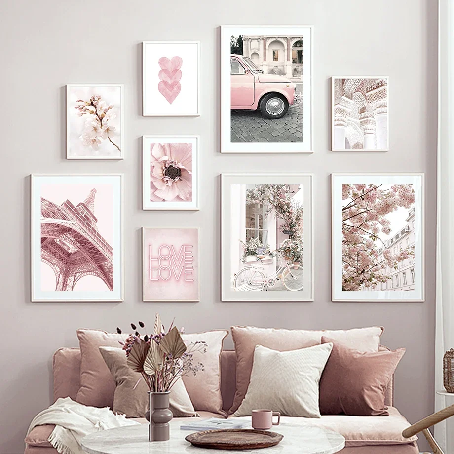 Pink street view flowers Vintage car bicycle Eiffel Tower fashion Wall Art Canvas Painting Nordic Poster Room Decor