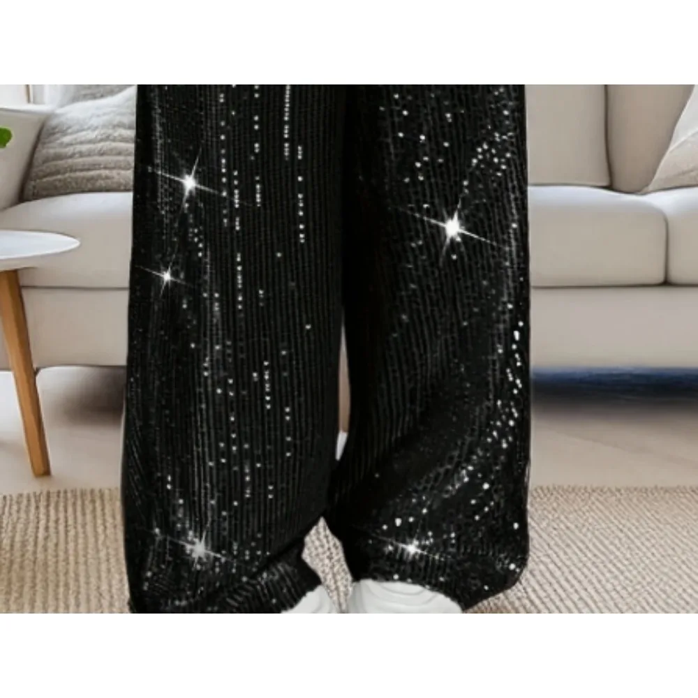 حجم كبير 1XL-5XL النساء أزياء الترتر مستقيم الساق السراويل السيدات عارضة أنيقة عالية الخصر فضفاض السراويل الطويلة #4