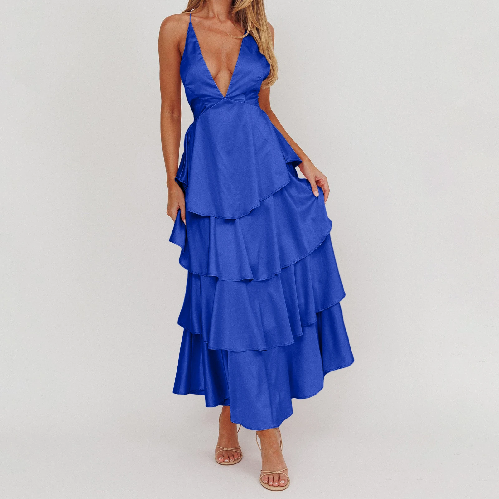 Mulheres elegantes deslizamento em camadas vestido sem mangas com decote em v sem costas tie-up vestido em camadas verão vestido longo para festa de cocktail