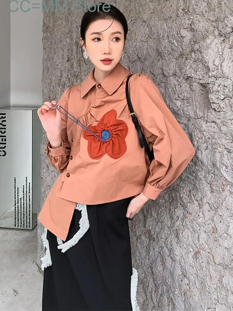 New Irregular Shirts For Women Lapel Single Breasted Flower Shirt Spring Summer Female Fashion Top Clothes