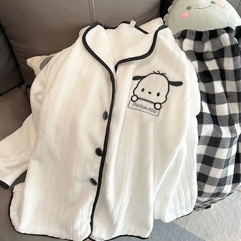 Cute Cartoon Pochacco Pajamas Anime Embroidered Plush Cardigan Winter Style Thickened Warm Kawaii Homewear Set Girls Gift