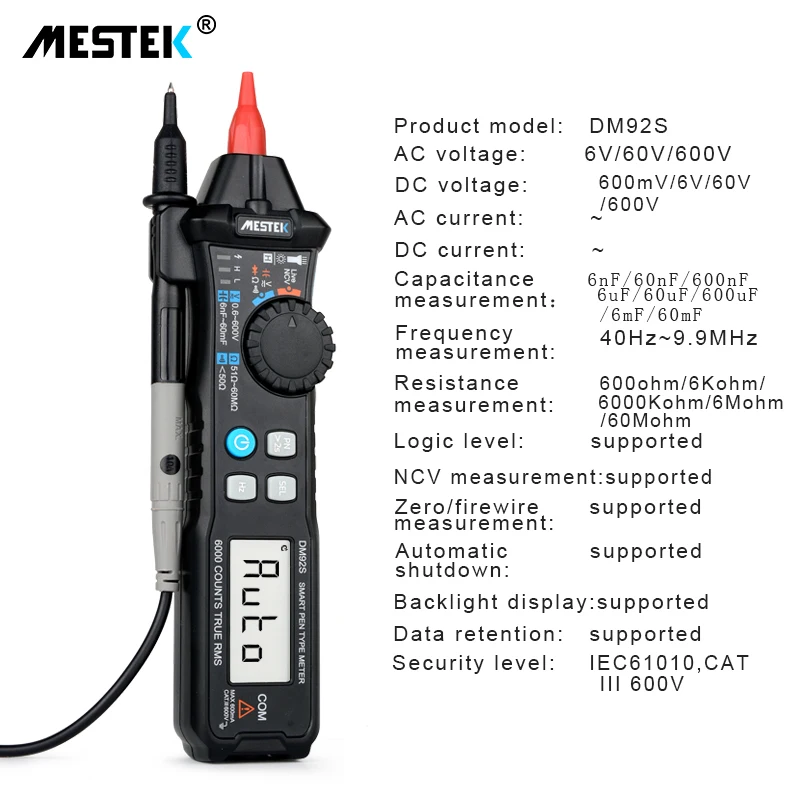 

MESTEK DM92S Digital Multimeter 6000 Counts Pocket Pen Style Auto Range/Smart Multimeter NCV Detection DC/AC Voltage multimeter