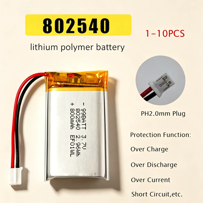 802540 Lipo Battery 3.7V 800mAh Rechargeable Polymer Lithium Batteries for Flashlight Remote Controller Handheld Fans Massager