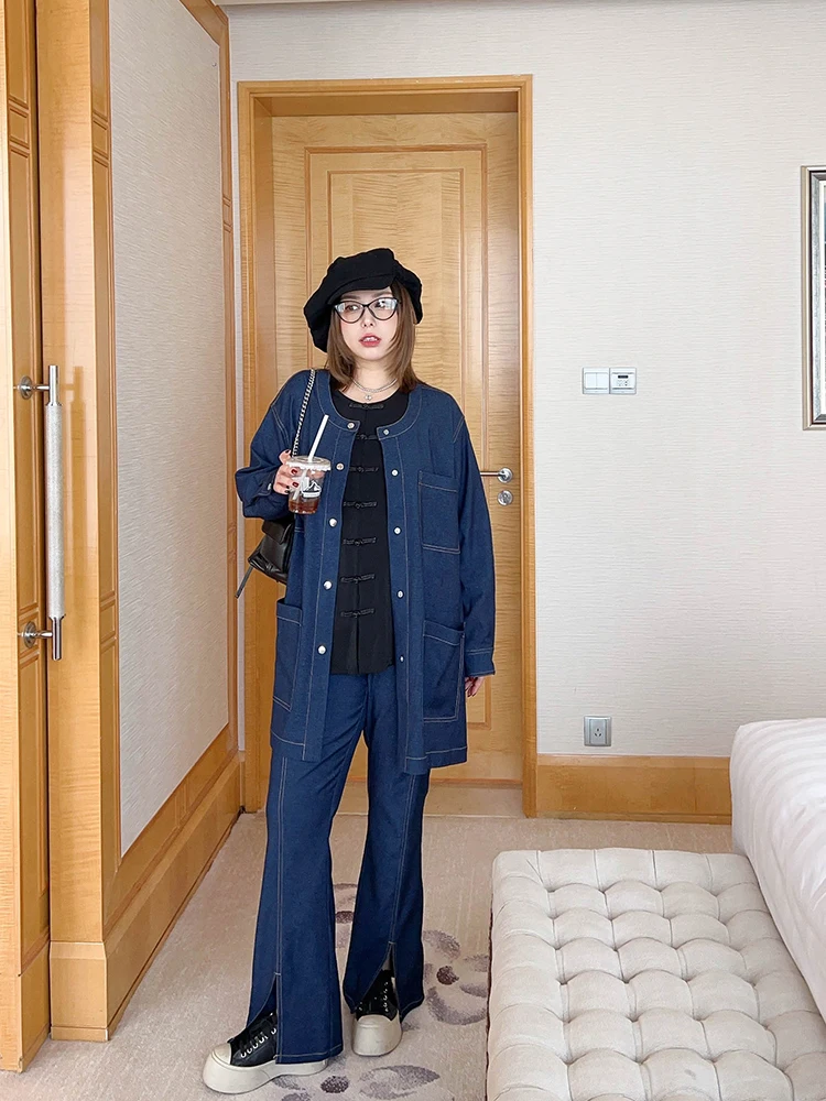 

Vogana Large Size Original Lazy Design Nel Denim irt Split Flared Pants Set Autumn Faion Korean Sle High Waist Lon...