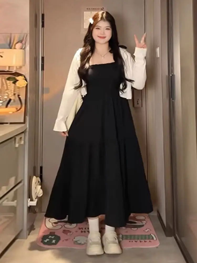 

Платье макси в стиле Хепберн, винтажное, на бретельках, с завышенной талией, скрывающее недостатки фигуры, черное, летнее, для повседневной носки, корейский свободный крой, длинное платье