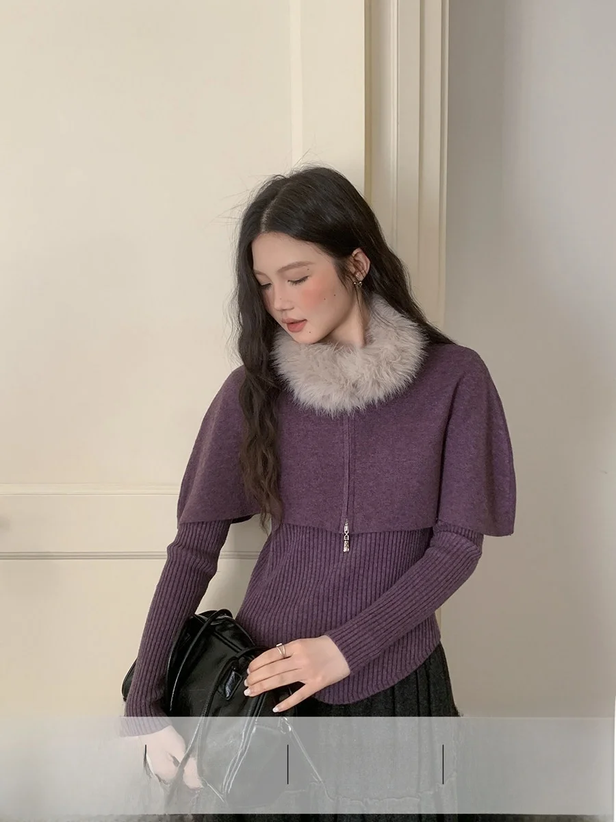 

Linyunyun Purple Knitted Long Sleeve Women's Coat with Fur Collar Two-Piece Set Casual Style Soft Warm Loose Fit Daily Wear
