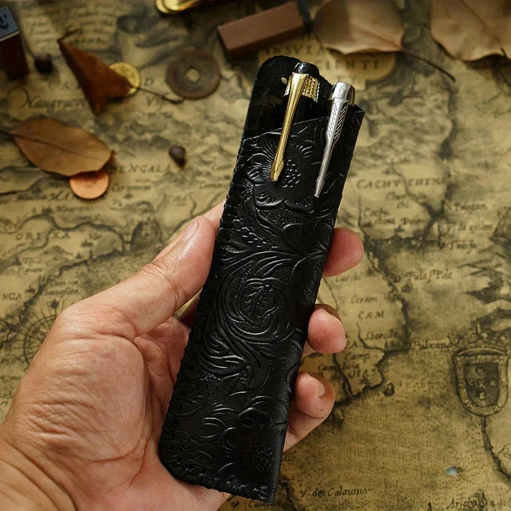 Vintage Carved Cowhide Pen Pouch Leather-textured Rectangular Pencil Case Pencil/pen/ballpoint Pen Organizer