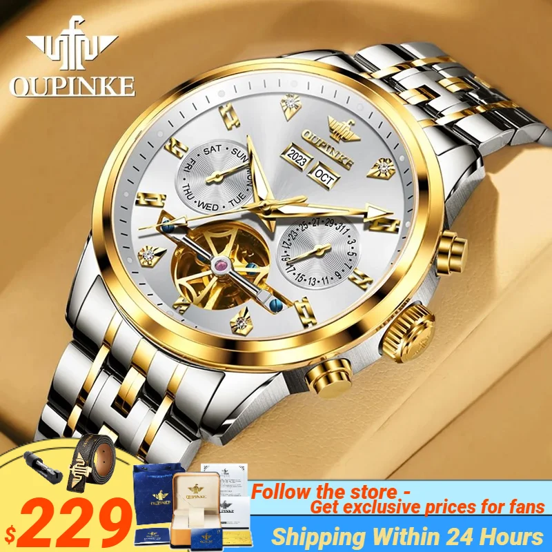 OUPINKE 3248 Original Brand Men\'s Watches Stainless steel Waterproof Luminous Chronograph Automatic Mechanical Watch for Man