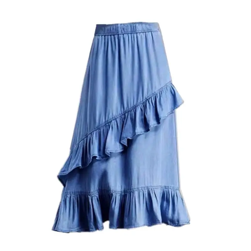 

2024 Ruffles Denim Skirts Summer High Waist Vintage A-Line Long Jeans Skirts Female Bottoms Blue Black falda larga coreana mujer