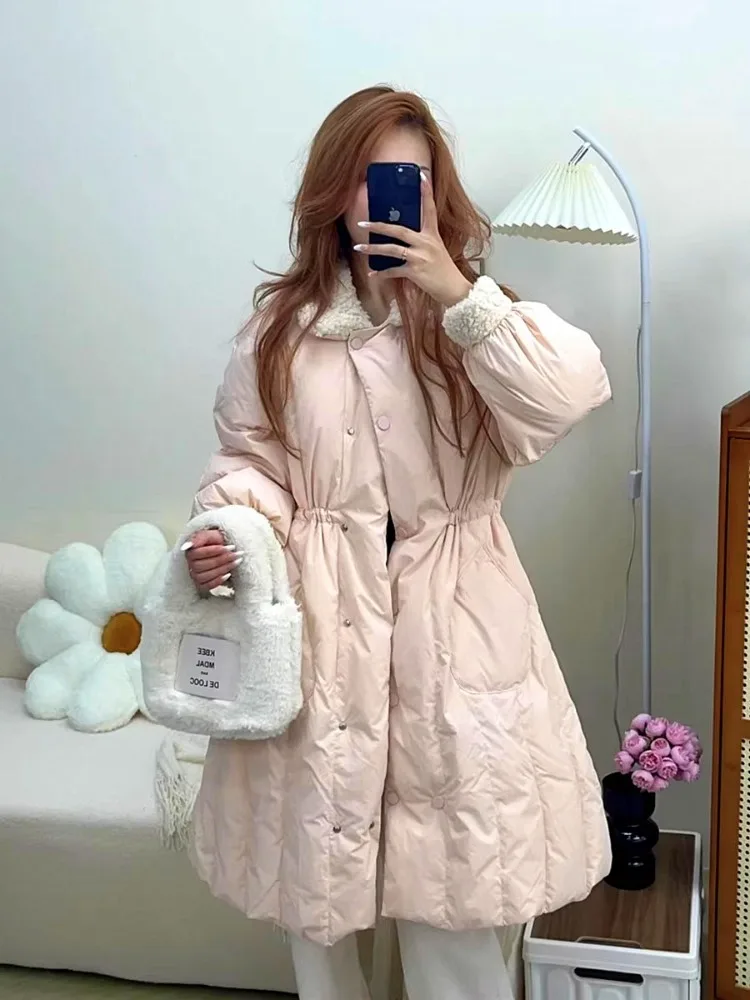 Women Thicken White Duck Down Jackets 2024 Winter Korean Fashion Clothes Female Mid-Length Lamb Fur Collar Patchwork Loose Coat