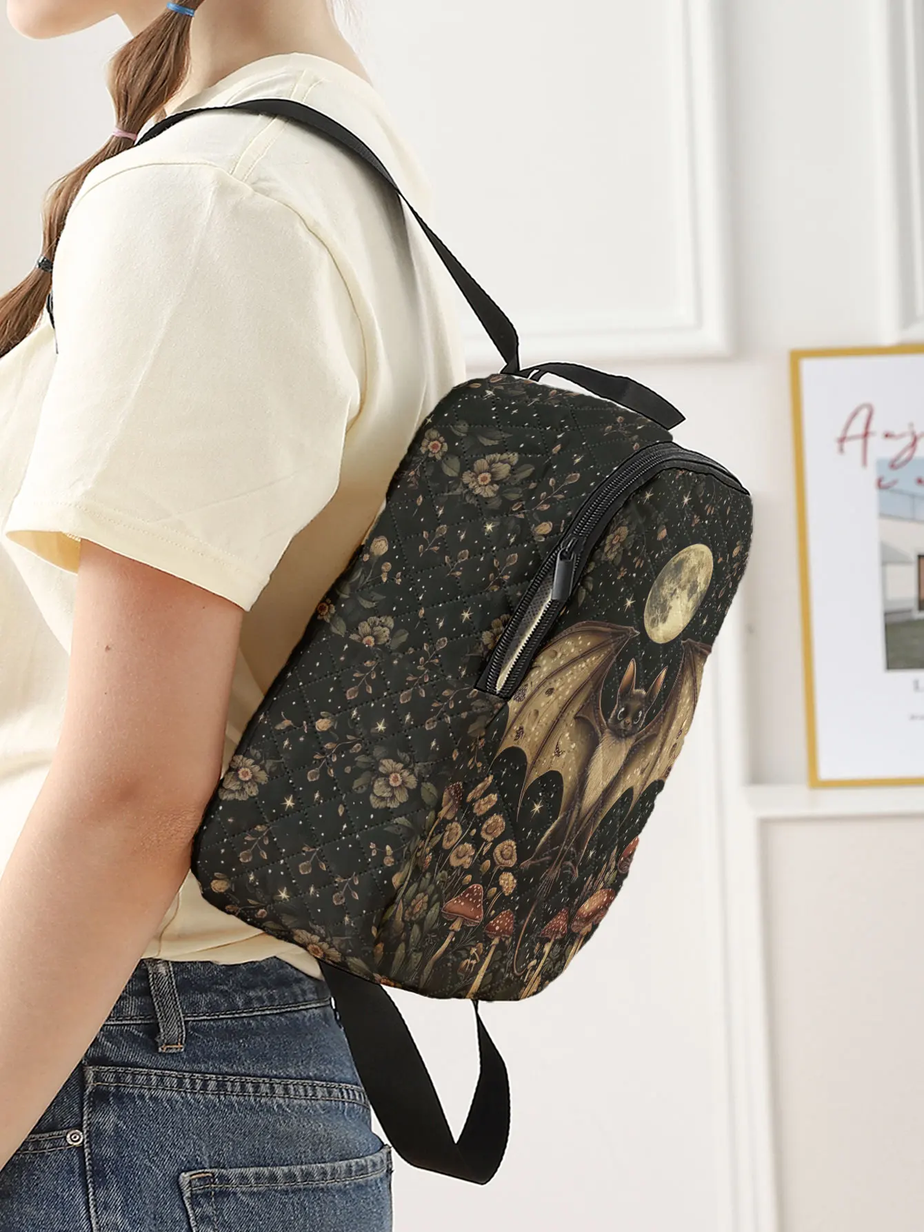 Bat Moon Mushroom Floral Print Quilted Compact Backpack, Suitable For Outdoor, Travel, Campus, Unisex For Men And Women Daily Us view 3