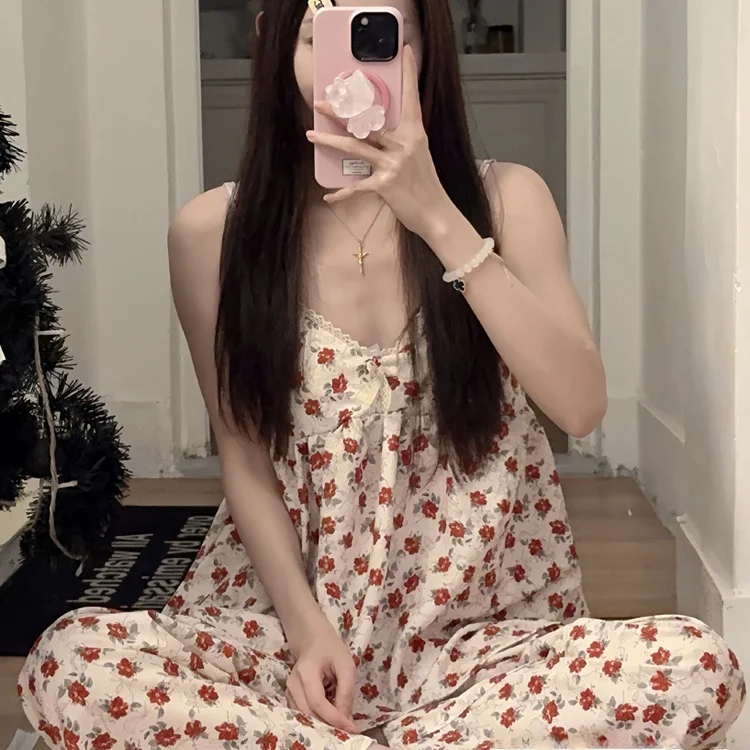 

Floral Print Sexy Women's Spwear Set with Chest Pad Summer 2025 New Sle Outdoor Wearable Home Clothes V-Ne Svel