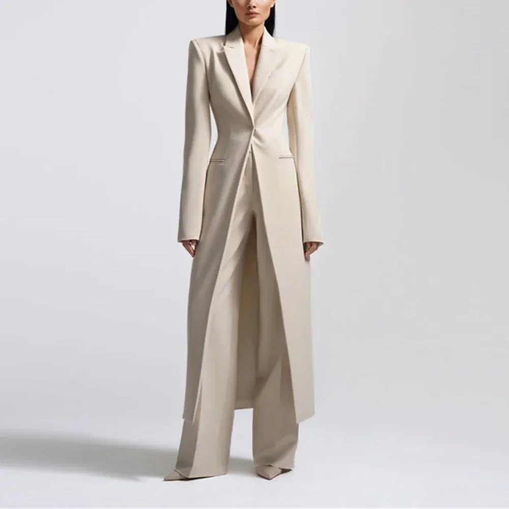 

Elegant Peak Lapel One Button Women Pants Sets Beige Fashion Casual Office Lady Formal 2 Piece Slim Fit Long Coat with Pants