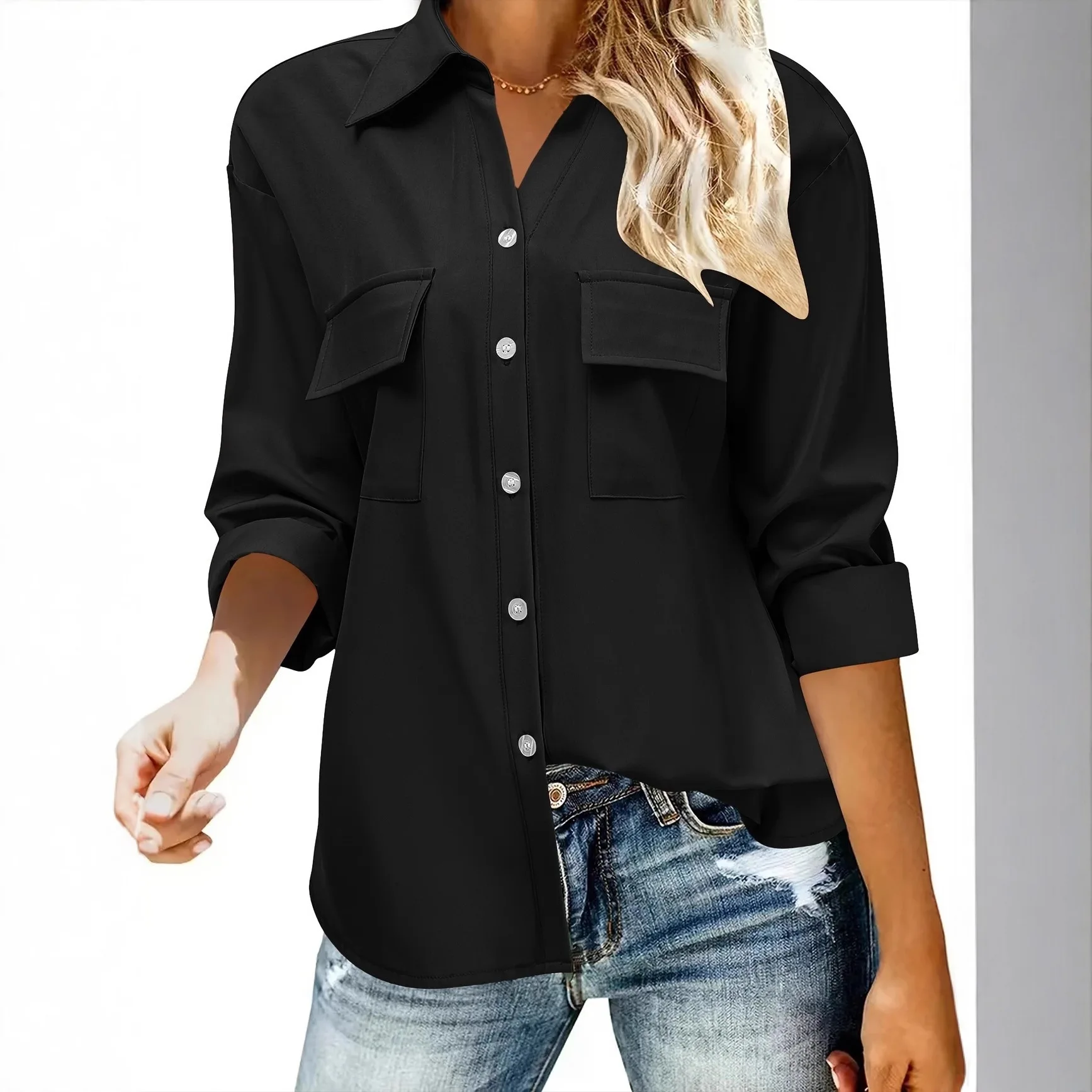 

Casual Style Long Sleeve Pure Color Button Shirt Women's Fashion Pocket Design Independent Station New Arrival Polyester Fabric