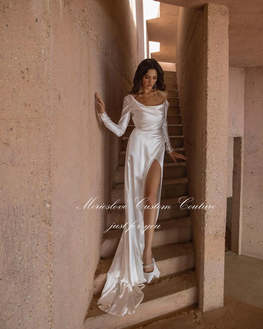 Merioslove Simple Crepe Mermaid Wedding Dresses Long Sleeves Side Split Beach Bride Dress Minimalist Bridal Gowns 2024