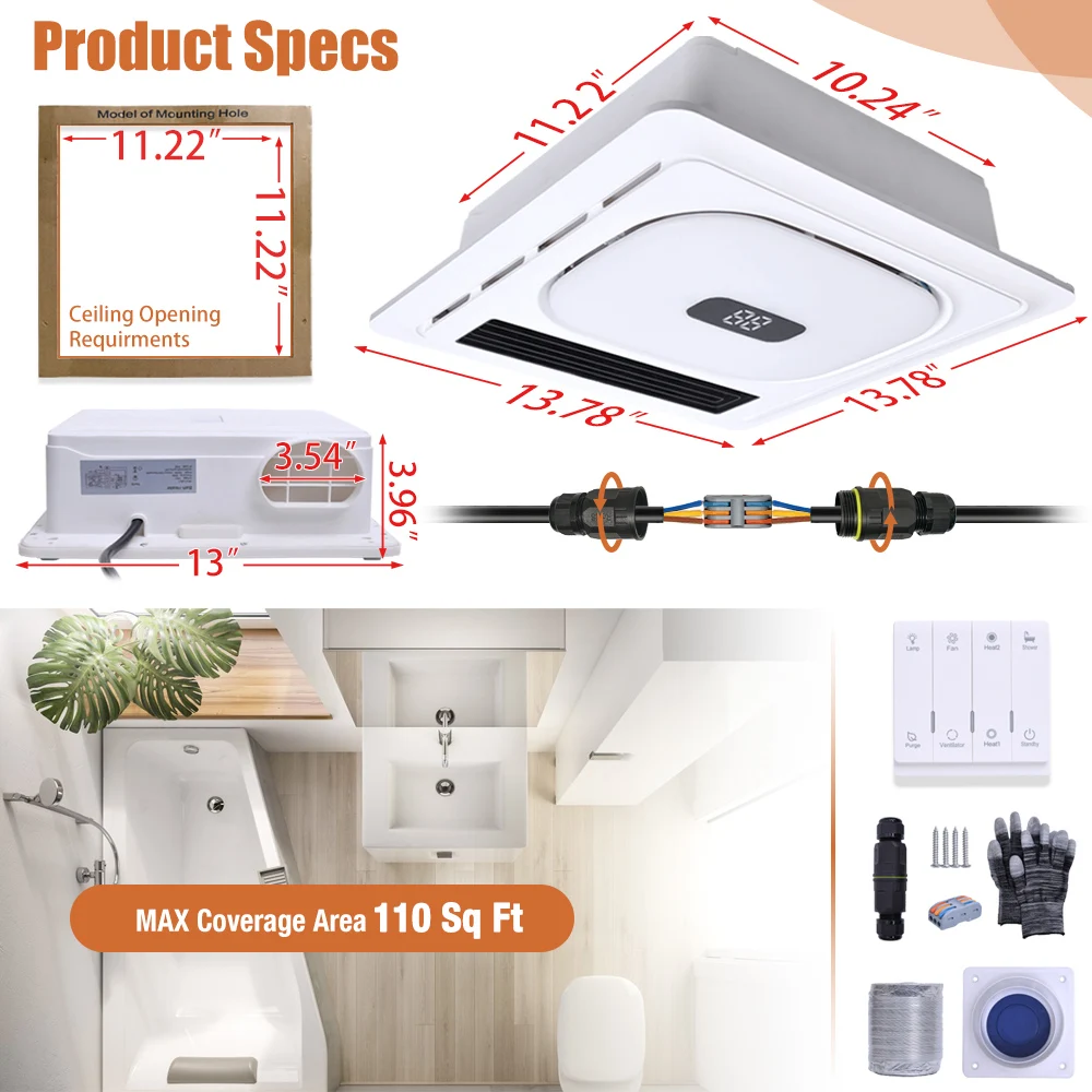 

Bathroom Exhaust Fan with Heater Bluetooth Speaker 4-in-1 Ceiling Ventilation Fan 1800W 180CFM Quiet Easy Install for Home
