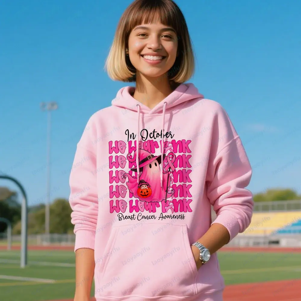 Borstkankerkleding in oktober Draag we roze sweatshirts Roze Halloween Ghost bedrukte tops Dames Vakantie Incentive-kleding