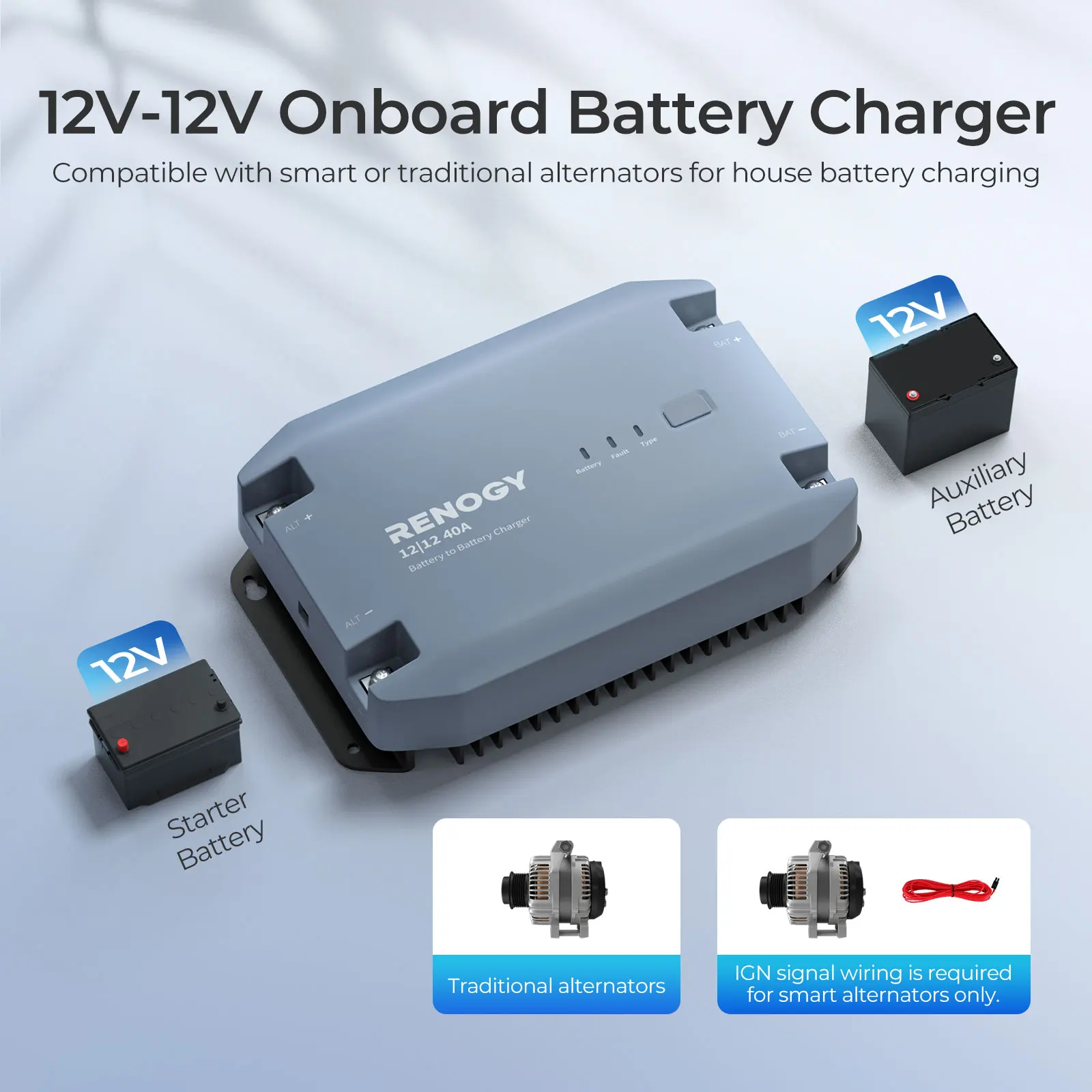Renogy Cargador de batería de CC a CC de 12 V 40 A, usando carga multietapa en vehículos recreativos, vehículos comerciales, barcos