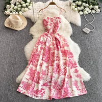 2025 nuevo verano Rosa/púrpura estampado de flores romántico Retro Vestido de fiesta elástico de cintura alta Vestido largo de vacaciones Vestido de playa