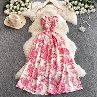 2025 New Summer Pink/Purple Flower Print Romantic Retro Party Dress Elastic High Waist Vacation Long Dress Beach Vestido