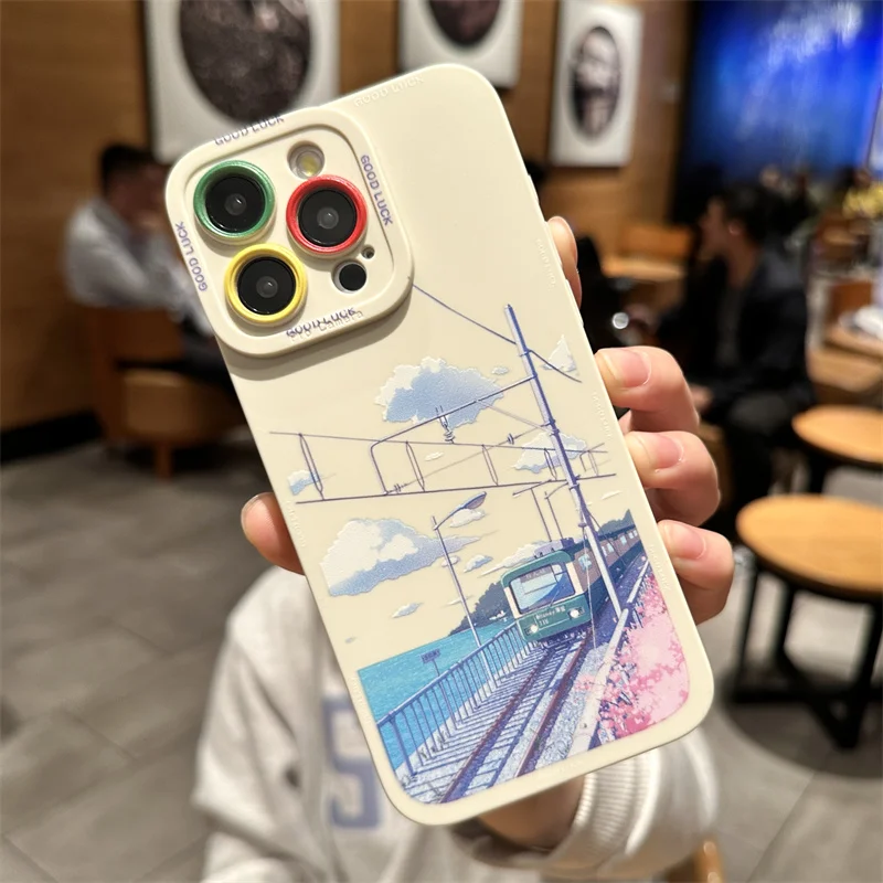 Japanese Cartoon Anime Hand Painted Scenery Tram Coloured Phone Case For iPhone 16 15  13 12 11 Pro Max 14 Plus Protection Cover