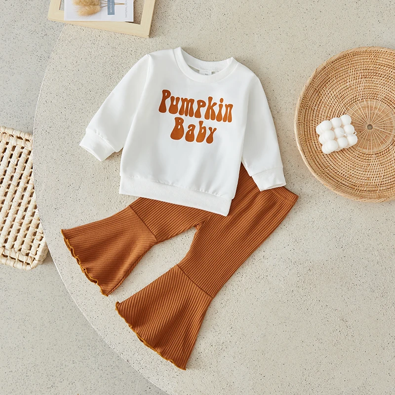 

Suefunskry Baby Girl 2Pcs Halloween Outfits Long Sleeve Letter Print Sweatshirt + Ribbed Flared Pants Set Toddler Clothes 0-3Y