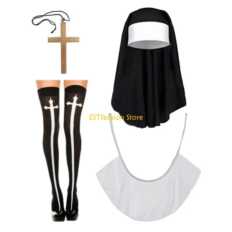 Y5GC 2/3 / 4pcs Halloween Nun Costume Accessoires Set Nun Chat Collier Pendant