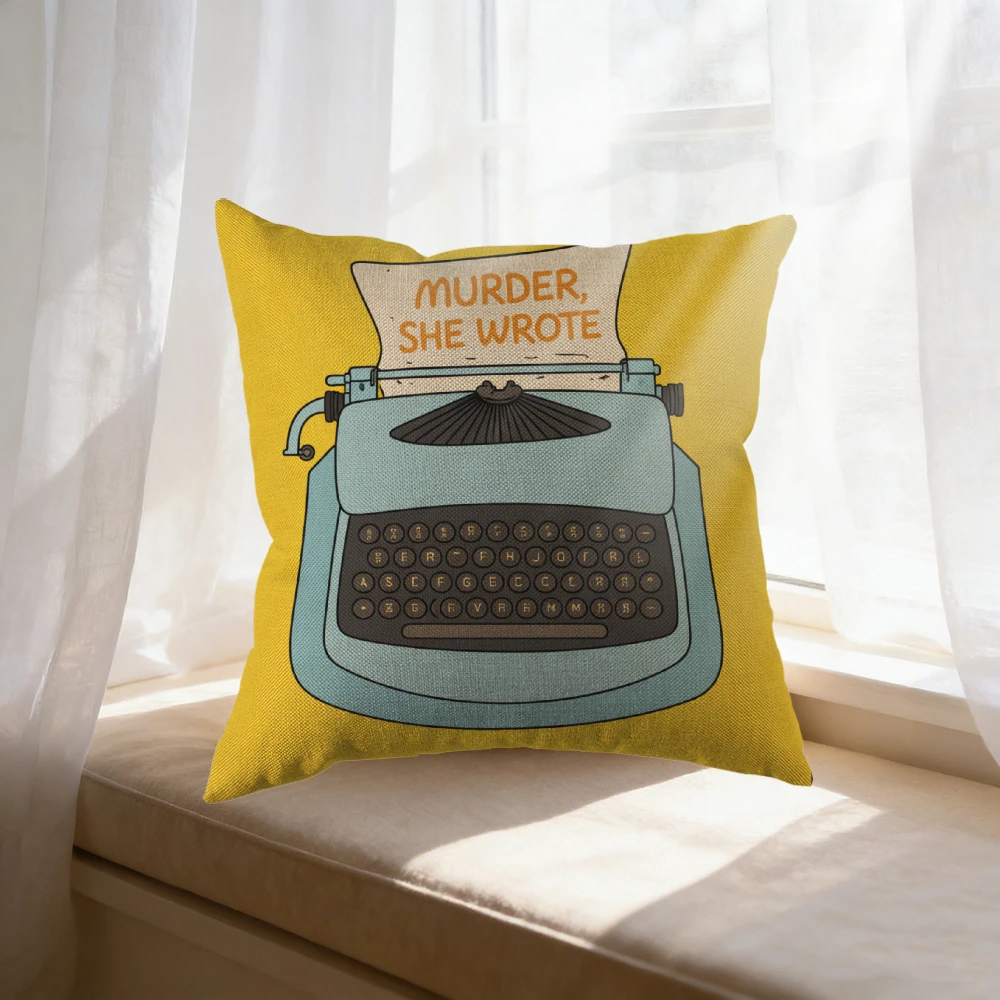 Square Throw Pillow Yellow Typewriter With Murder She Wrote Text Home Decor For Living Room Bedroom Or Office