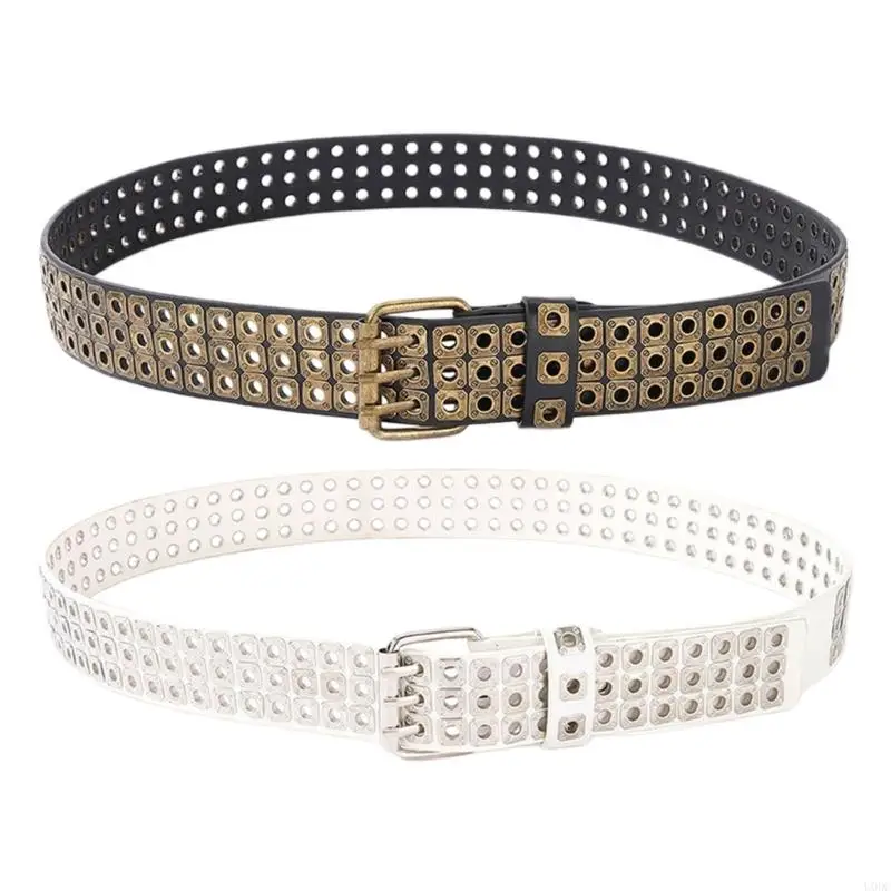 Statement Waist Belt for Daily Outfits, Unisex Studded Belt with Square Metal Eyelets and Keeper Loop Trim Detail Y166