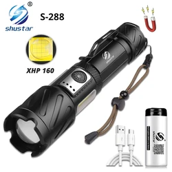 Xhp160 poderosa lanterna led com luz espiga lateral super brilhante apoio zoom à prova dwaterproof água aventura acampamento luz