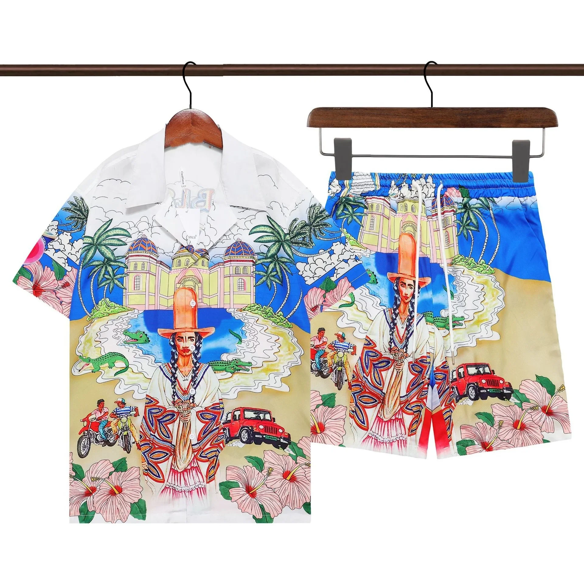 Hip Hop Casual Beach Holiday Short Sleeve Suit Hawaiian Shirt Streetwear Letter Pattern Shirts Streetwear Men Tracksuit Men Set