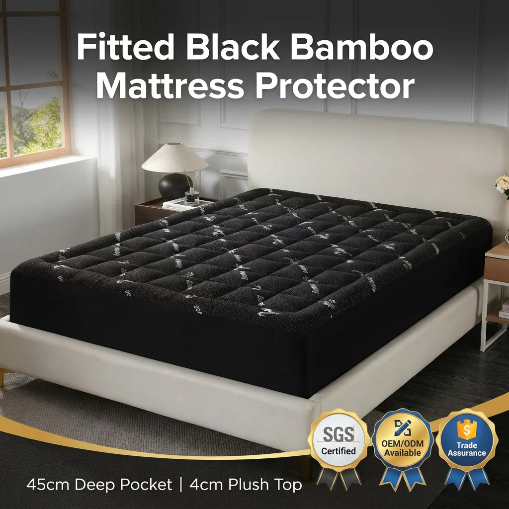Black Bamboo Thick Quilted Mattress Topper 360 Around Fitted Deep Pocket Mattress Protector Pad for Home Hotel Queen 152*203cm