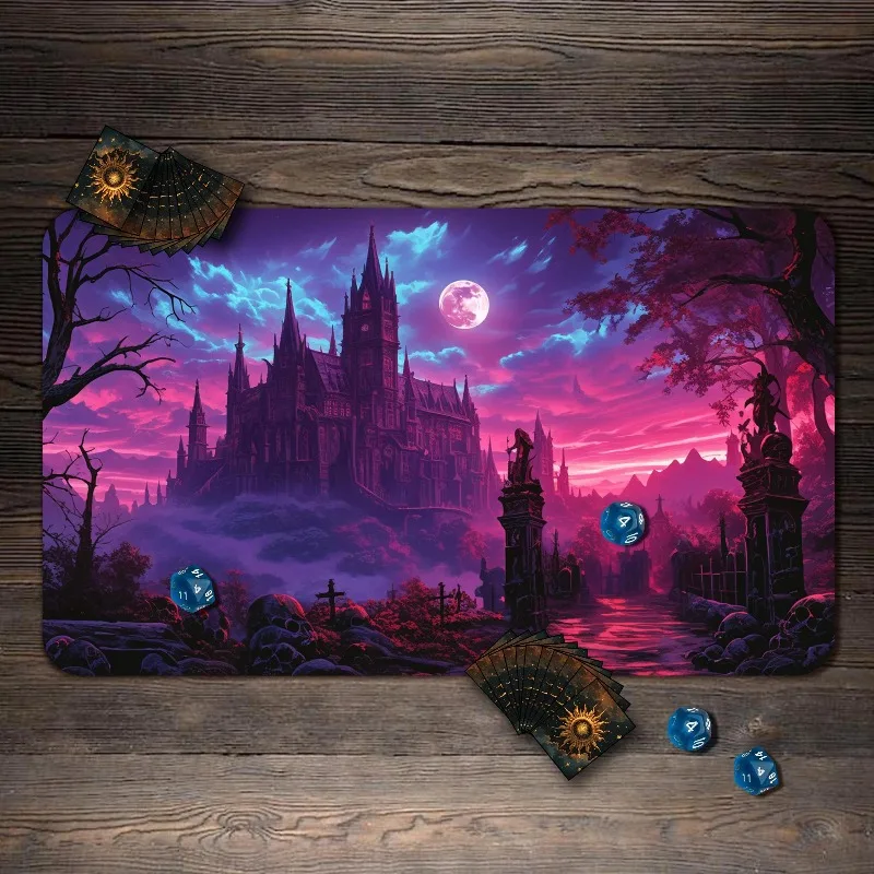 Dark Fantasy Gothic Castle Purple Blood Moon Graveyard Rubber Anti‑Slip Table Pad TCG Trading Card Game DND Desktop Game Mat