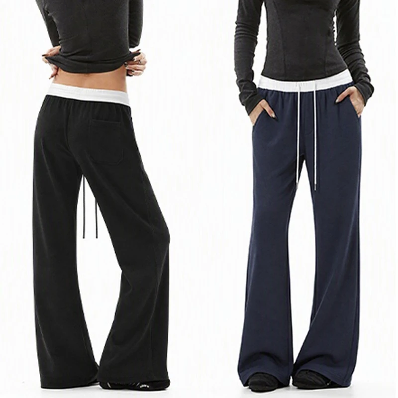 Women's Casual Sweatpants with Elastic Waist & Contrast Ribbed Waistband – Loose Fit, Drawstring Closure for Daily Wear