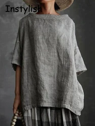 Women Vintage Harajuku Cotton and Linen Loose Blouses and Shirts Summer Casual Short Sleeve O Neck Oversized Tops Solid Blusas
