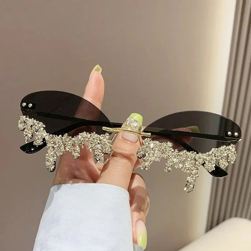 Diamant Randlose Sonnenbrille Damen Luxusmarke Strass Sonnenbrillen Sexy Tränenform Punk Party Eyewear Gafas De Sol – Detail 1