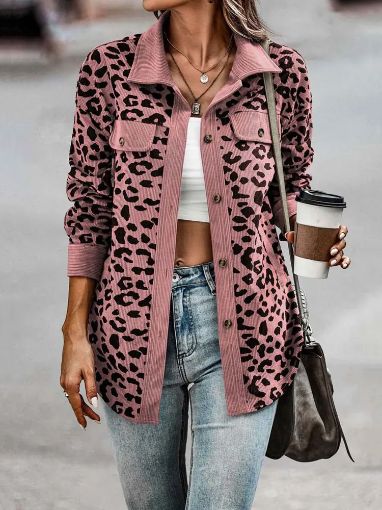 2022 Autumn Leopard Jacket Women Corduroy Jacket Coat Women Overshirt Long Sleeve Winter Loose Shirt Jackets for Women