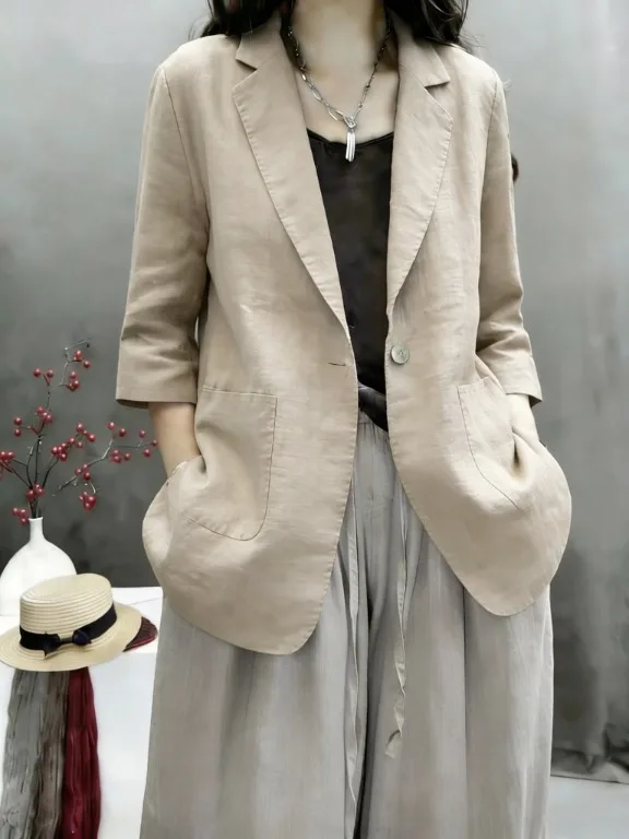 

Women's Retro Vintage Loose One-Button Suit Casual Three-Quarter Sleeve Jacket Versatile Style Summer Fashion Ladies' Clothing