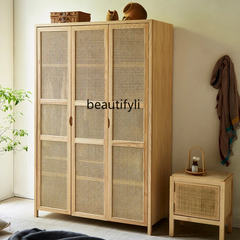 Solid Wood Wardrobe Ash Sliding Door Locker Post-Modern Bedroom Sliding Door Indonesian Rattan Wardrobe