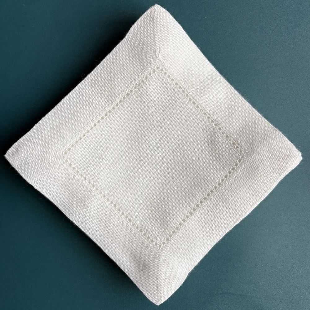 12 Pieces Cocktail Napkin Hemstitch Napkin Beverage Napkins for Dinner Party Linen Cotton Fabric 8“x8