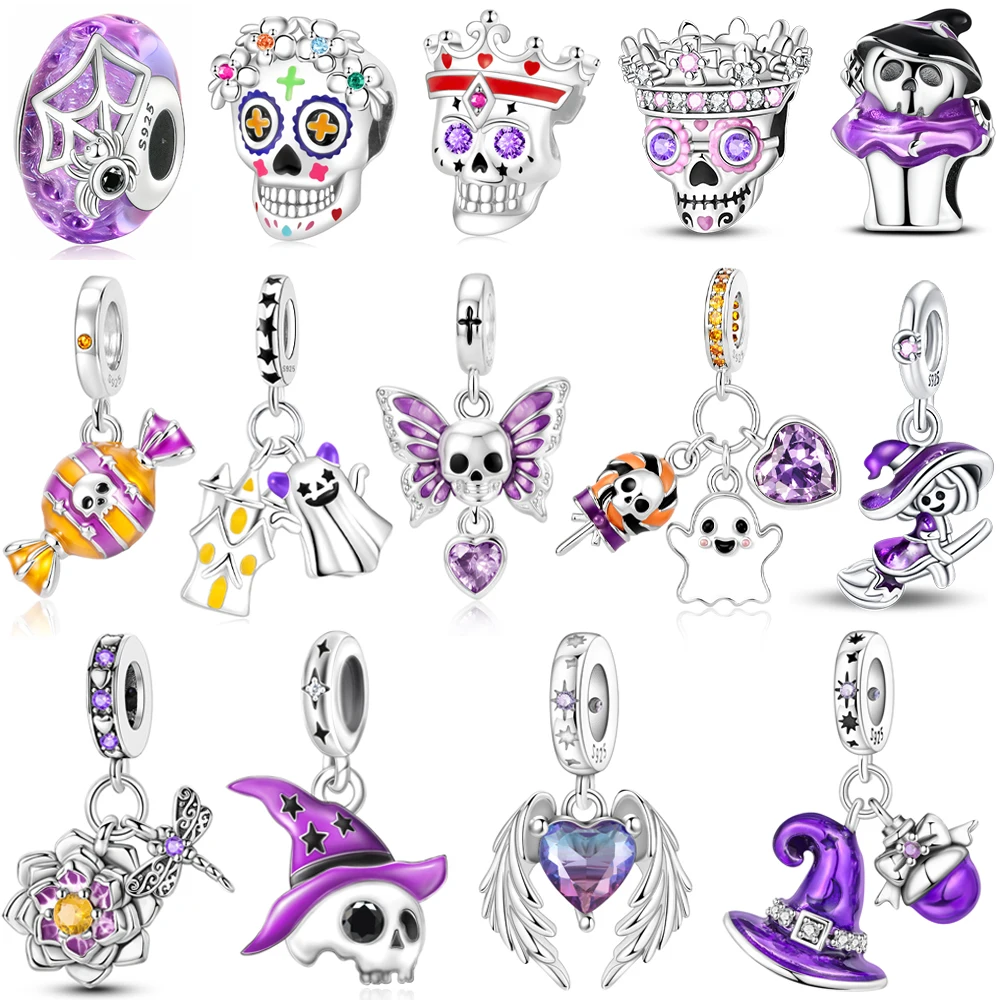 New Arrival 925 Sterling Silver Halloween Sugar Skull Witch Skeleton Beads Enamel Charm Fit Bracelet Jewelry For Kids Beast Gift