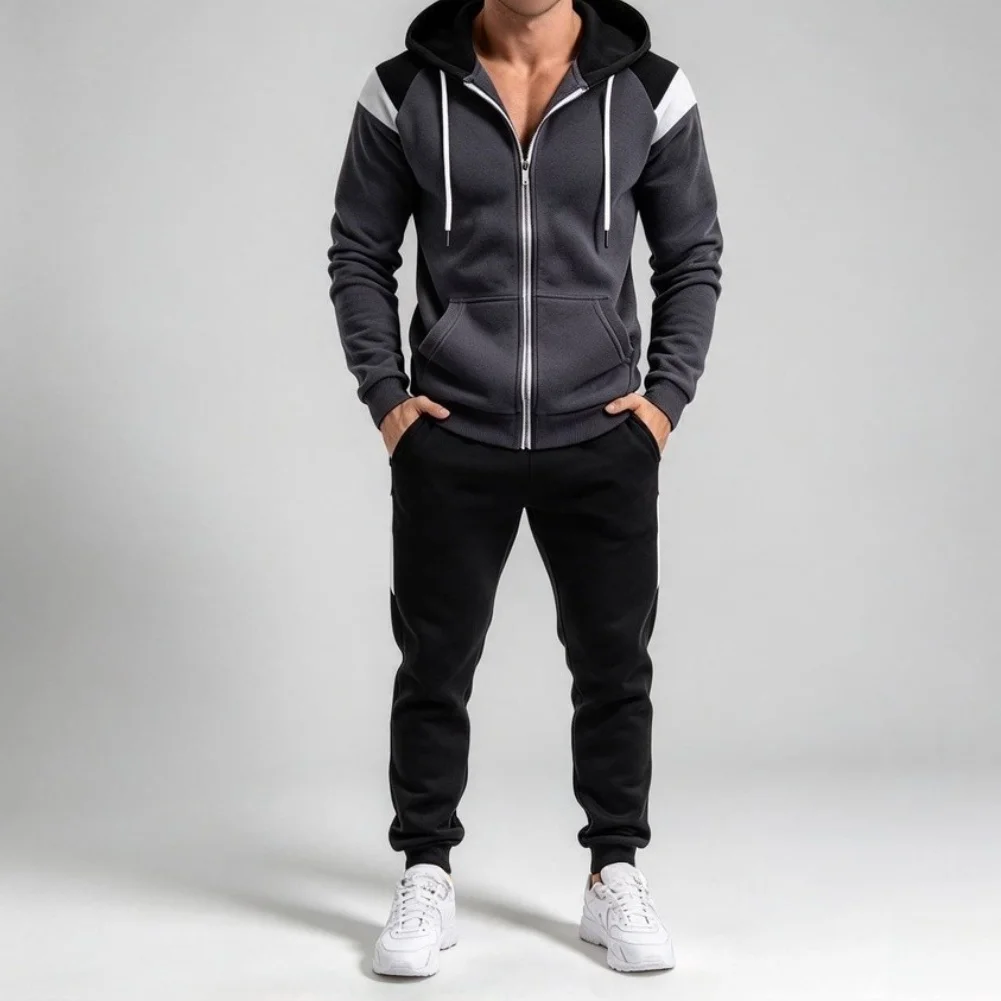 Autumn Winter Men's Hoodie Pants Two-Piece Set for Running Sports Casual Wear with Comfortable Polyester Spandex Blend