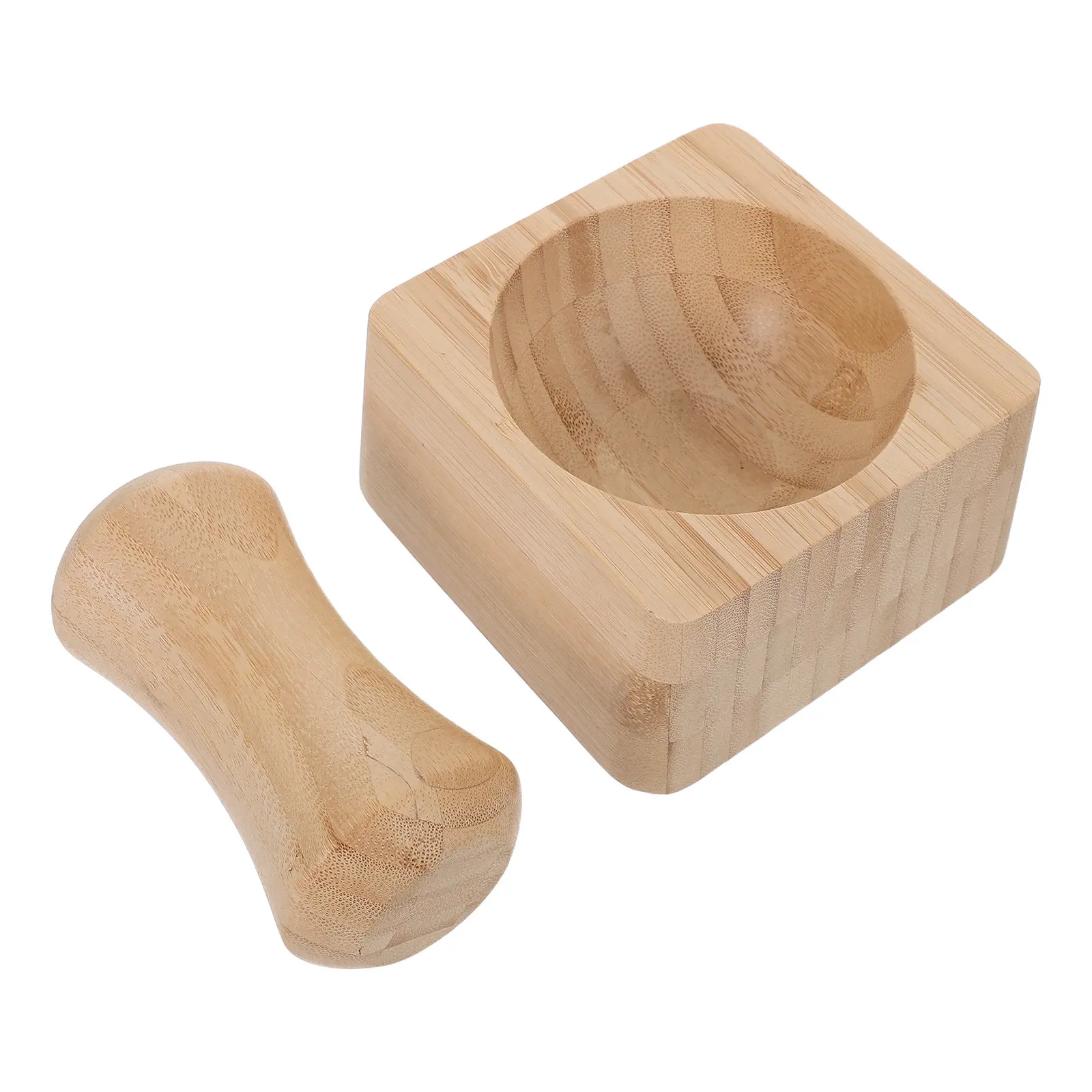 1Set Bamboo Square Mortar and Pestle Sturdy Manual Spice Grinder Garlic Ginger Crushing Bowl for Kitchen Use Fruit Mashing Bowl