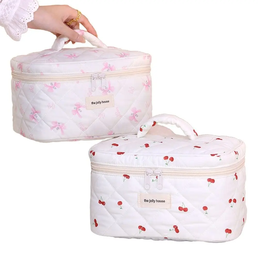 Creative Quilted Sewing Makeup Bag Cotton Bow Travel Toiletry Bag Zipper Large Capacity Handbag