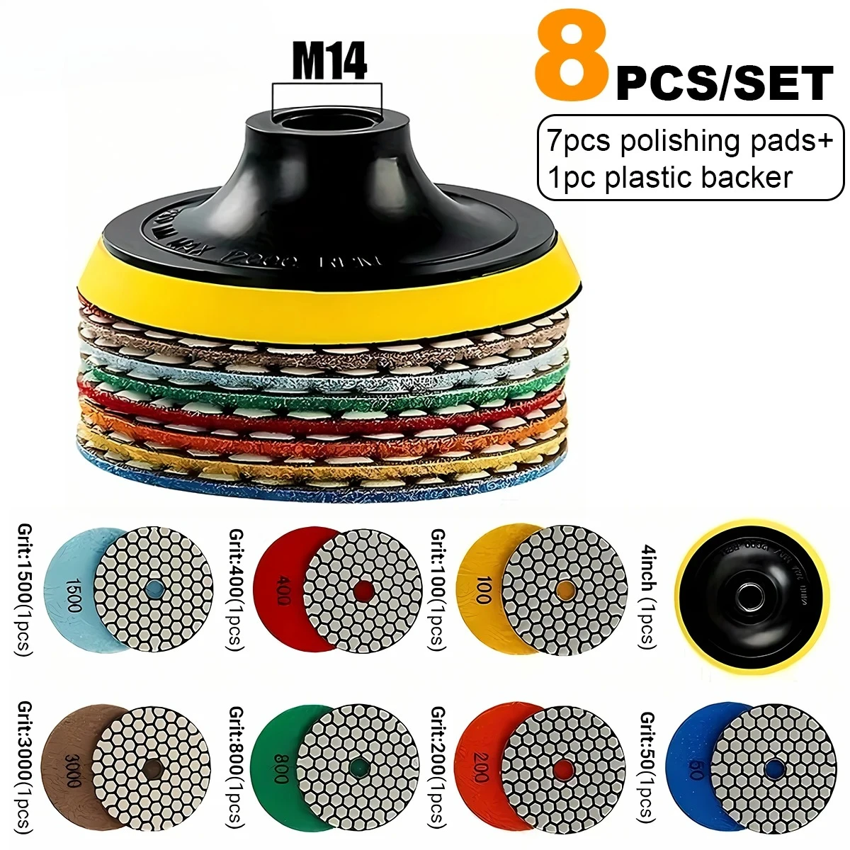 

4inch 8pcs Diamond Polishing Pad Set Kit, Dry Sanding Disc for Granite, Marble, Microcrystalline Glass, Countertops, Concrete