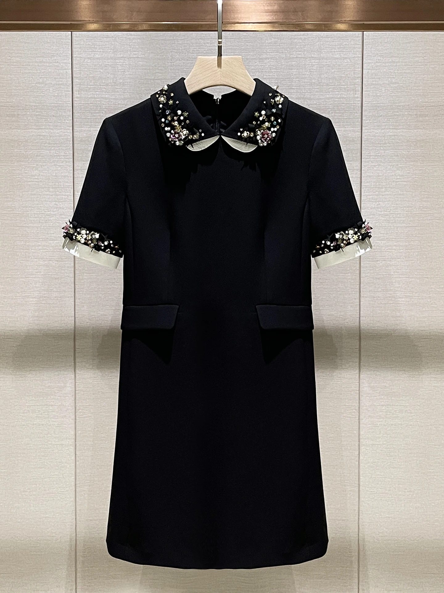 Ele Bla ort Sve col de poupée Dr décontracté été taille haute jupe trapèze trajet Sle embelli avec des perles