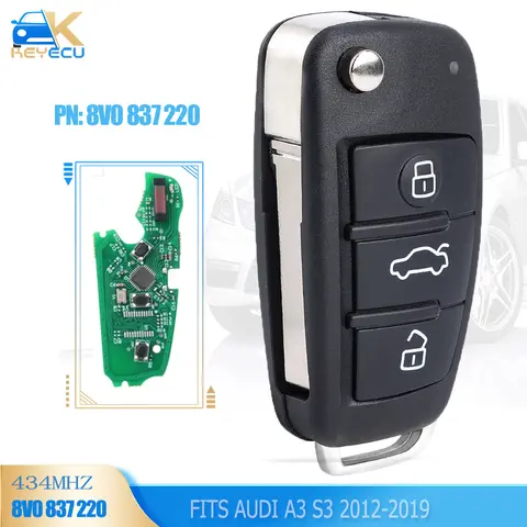 KEYECU-Fob chave remoto do carro da aleta, OEM ou mercado de reposição 8V0 837 220, 8V0837220, PEDE 434MHz Megamos AES MQB48, 2012-2019 Audi A3 S3